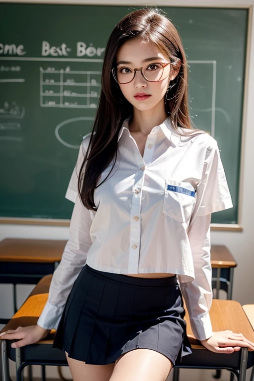(((masterpiece))), ((best quality)), ((Complex and meticulous)), ((Surrealism)), Absurd answer, (()), 25 years old, Mature woman, Very detailed, illustration, 1 Girl, (Small Breasts), Perfect hands, Delicate fingers, Beautiful and delicate eyes, Long hair, Black Hair, Brown eyes, classroom, (Korean school uniform:1.2), ( School Torchbearer:1.2), (White shirt:1.2), (Mini skirt:1.2), School badge, Tights, Glasses, teacher, Detailed background, Perfect eyes, Seductive eyes, Charming smile, Sexy pose, Looking at the audience, Sexy pose, From the front, (masterpiece,best quality:1.5)