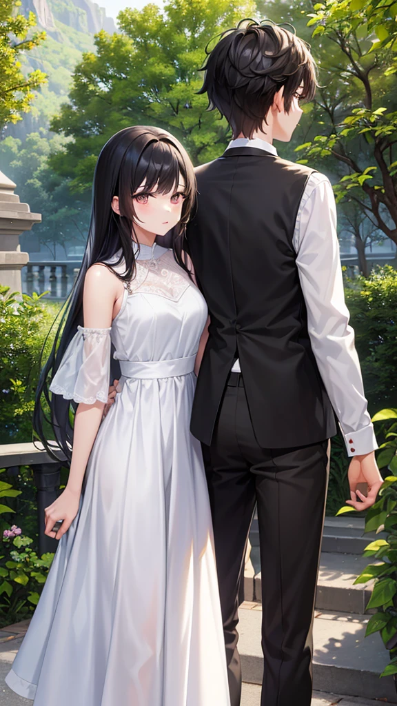 Couple, 1 girl 1 boy, different hair color, long black dark hair, short brown hair, romance,girl white dress and boy white shirt and black pants.cute girl and boy and nature background 