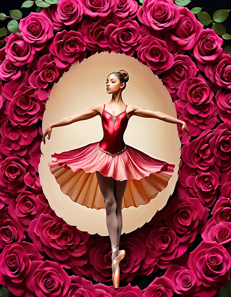 a portrait of an epic rose that has a female classical ballet prima ballerina dancer in the ((middle of a blossoming rose)), a full body picture ((anatomically correct: 1.5)) of a exquisite beautiful female dancer wearing silk evening dress, intricate dress dynamic hair color, dynamic hair style, dynamic skin complexion, wearing ballet shoes, wearing thigh highs, ((she is standing in the middle of the rose: 1.5)), magnificent rose, epic rose, she stands in the middle of the flower, dynamic background, vibrant, Ultra-high resolution, High Contrast, (masterpiece:1.5), highest quality, Best aesthetics), best details, best quality, highres, 16k, (ultra detailed: 1.5), masterpiece, best quality, (extremely detailed) RAW, (ultra details, Masterpiece, best quality), Cinematic Hollywood Film, artxldnc,