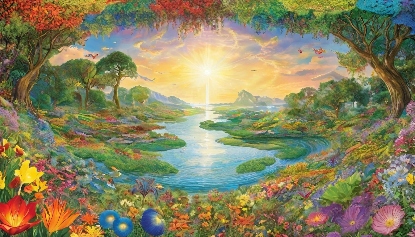 {
"prompt": "A detailed image of the third day, with God gathering the waters into seas and making the dry land appear. The earth is covered with plants, colorful and vibrant trees and flowers. God is at the center, making vegetation sprout from the earth with a magical touch.",
"size": "1024x1024"
}