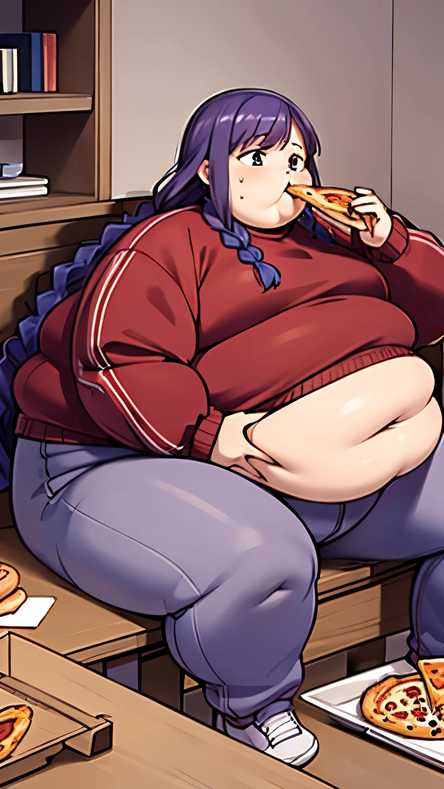 Fat woman, big Belly, very long hair, braids , fat face, purple hair, very wide hips, eating a whole pizza, sitting in an Recliner, wearing a sweatpants, sweatshirts, belly sagging, wide waist, very fat neck, fat legs, thick arms, in a house, hand squeezing belly