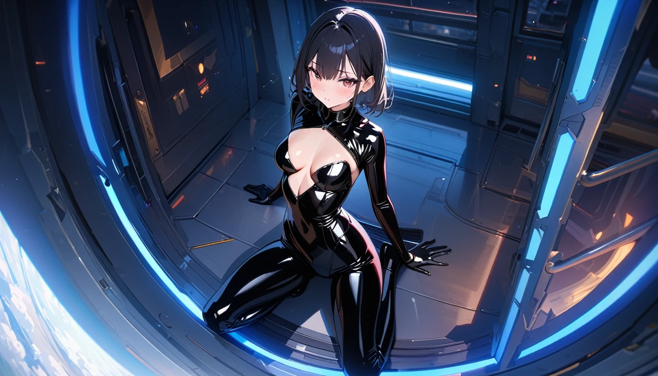 (masterpiece, Highest quality:1.5), (Super detailed, High resolution, 8k, Beautiful details, 超High resolution, Best Anatomy), 1 cute girl, Black Hair, Medium chest, Full Body Suit, latex, Shiny clothes, Steamy Space