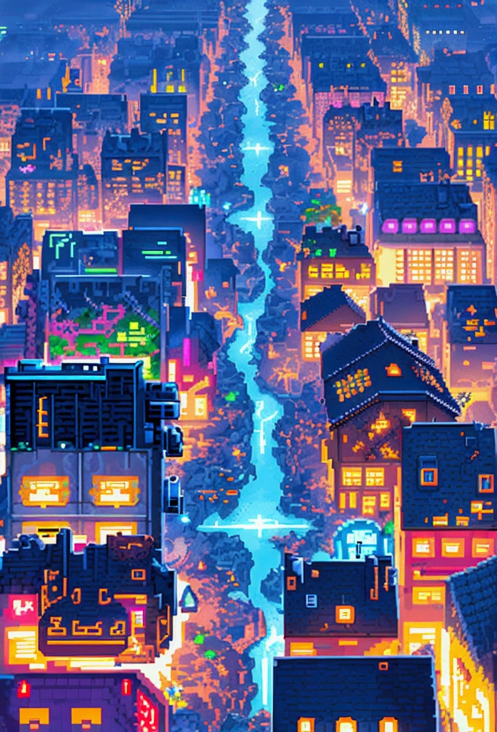 ((pixel, pixel art)), Miniature，Super Cute World, Cute animation, detailed animation, Tilt-Shift，excellent lighting，brush rendering, super detailed, ((isometric, tactic videogame)), ((Dark cyberpunk city at night, roofs)), buildings, white illumination, neon illumination