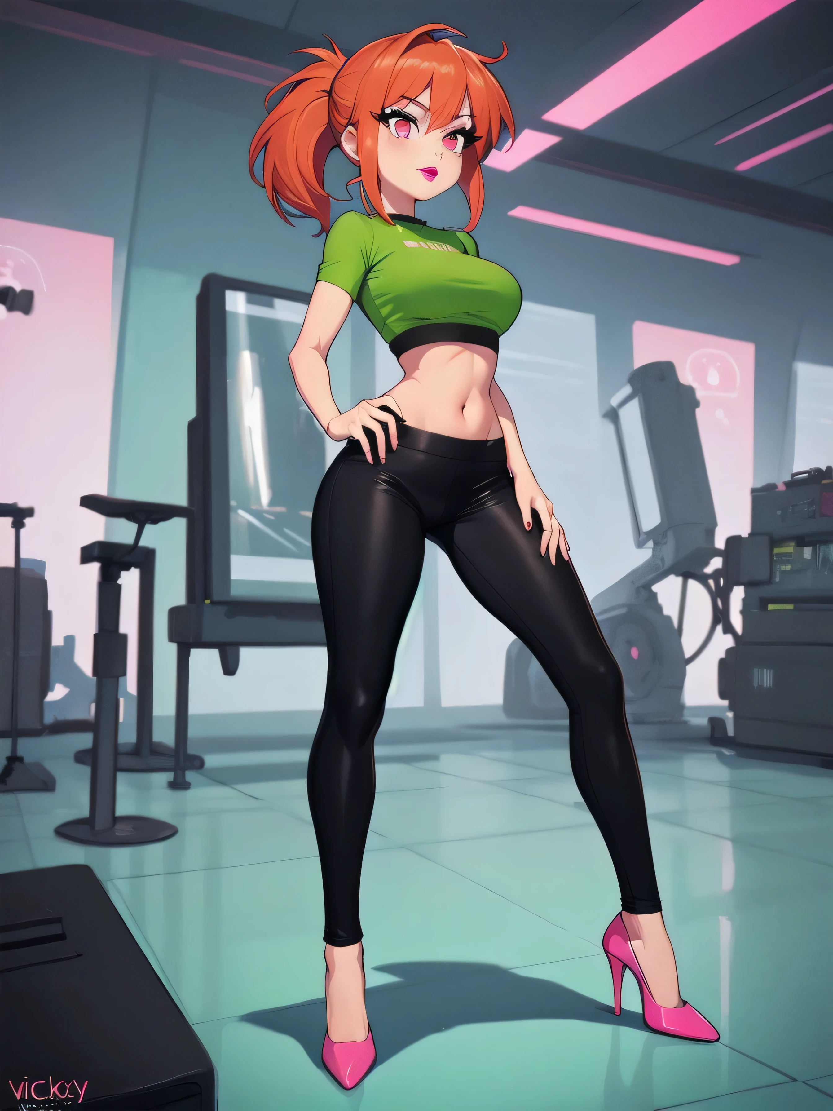  wide hips, thighs, Vicky, ponytail, lipstick, midriff, 1girl, green crop top, pink eyes, black pants, orange hair ,solo girl, sitting, open legs high heels