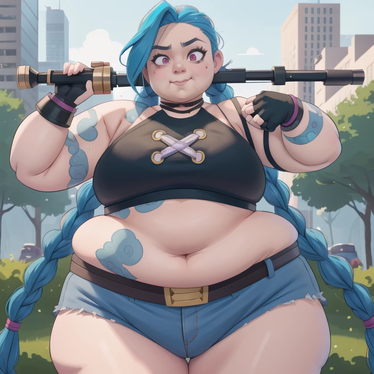 Fat JinxLol,mature  female,1 fat girl, SSBBW, solo,looking at viewer, navel, gloves, fingerless gloves, character name, midriff, bare shoulders, looking at viewer, gun, crop top, belt,outdoors,  