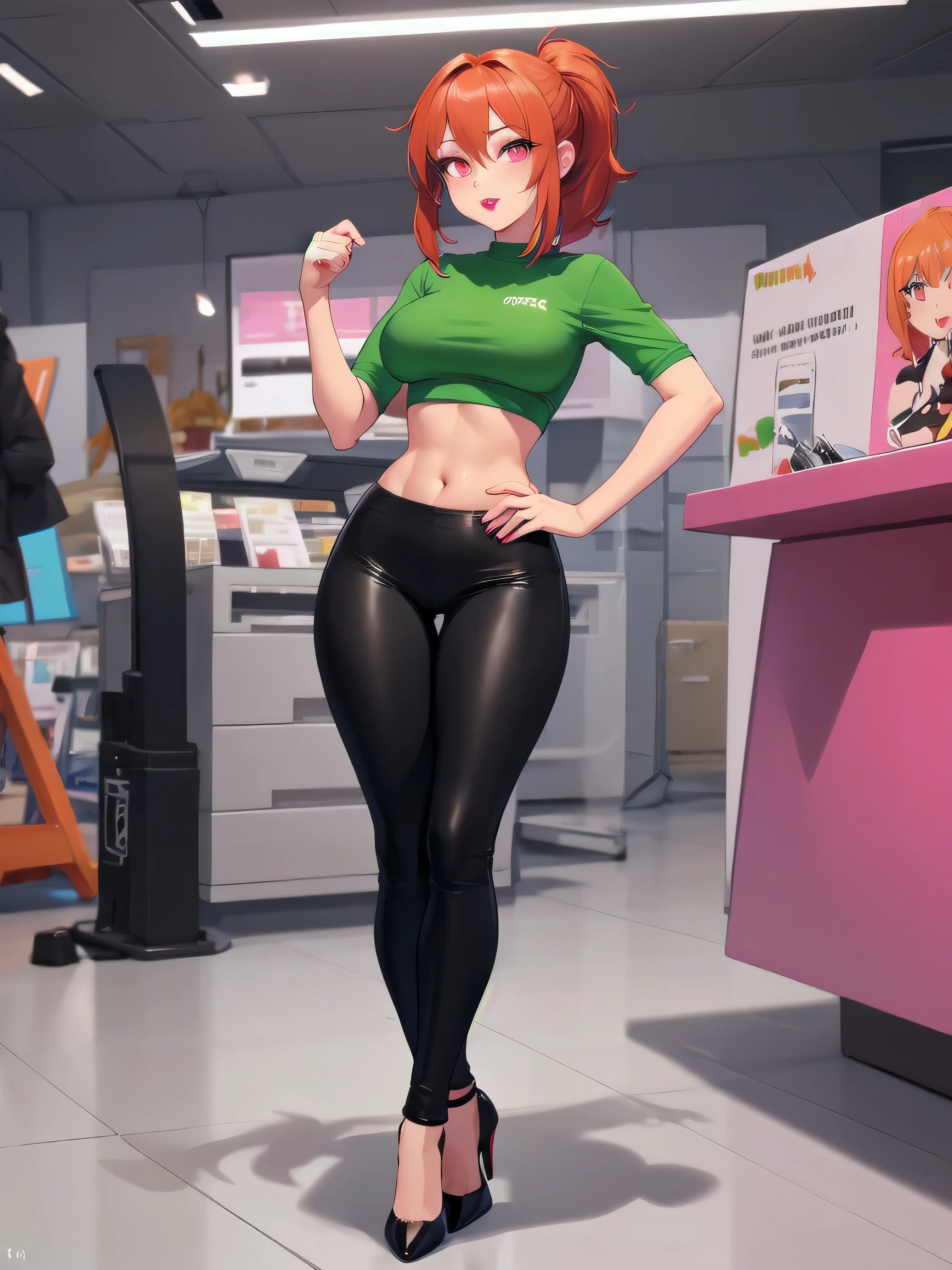  wide hips, thighs, Vicky, ponytail, lipstick, midriff, 1girl, green crop top, pink eyes, black pants, orange hair ,solo girl, sitting, open legs high heels