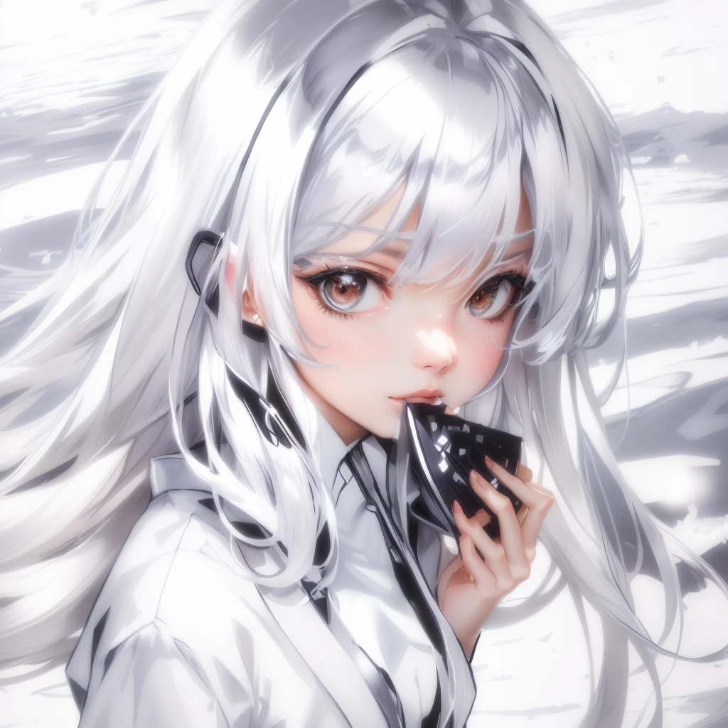 Make an albino woman, beautiful and korean, do it with black eyes, clear and beautiful, make her wear a white coat with a black top, and make her suck a cylindrical popsicle,thick, de chocolate