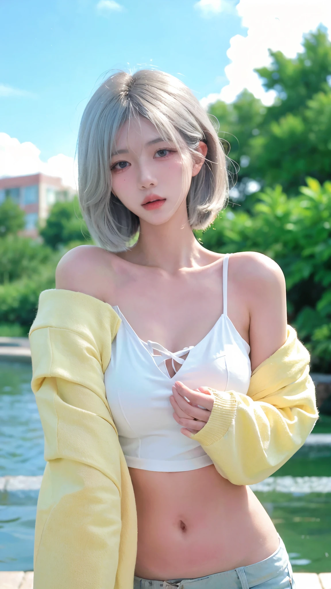 Beautiful woman with perfect figure:1.4，snow，Touching butt with both hands，snow背景，Layered Hairstyle，White skin，Prominent cleavage，Pleated Skirt，whole body，Very delicate face and skin texture，Double eyelids，Skin Whitening，Long white hair