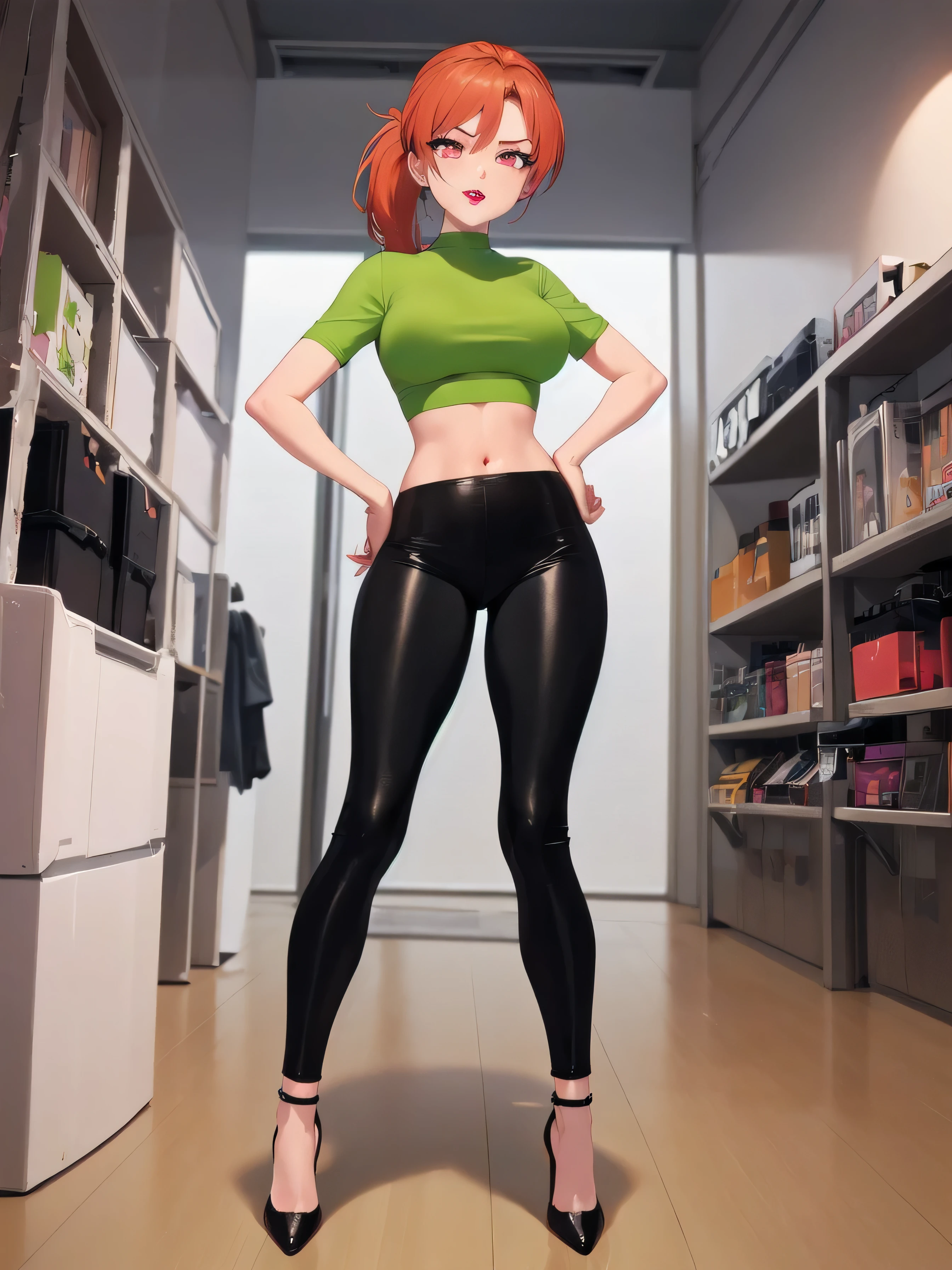  wide hips, thighs, Vicky, ponytail, lipstick, midriff, 1girl, green crop top, pink eyes, black pants, orange hair ,solo girl, sitting, open legs high heels