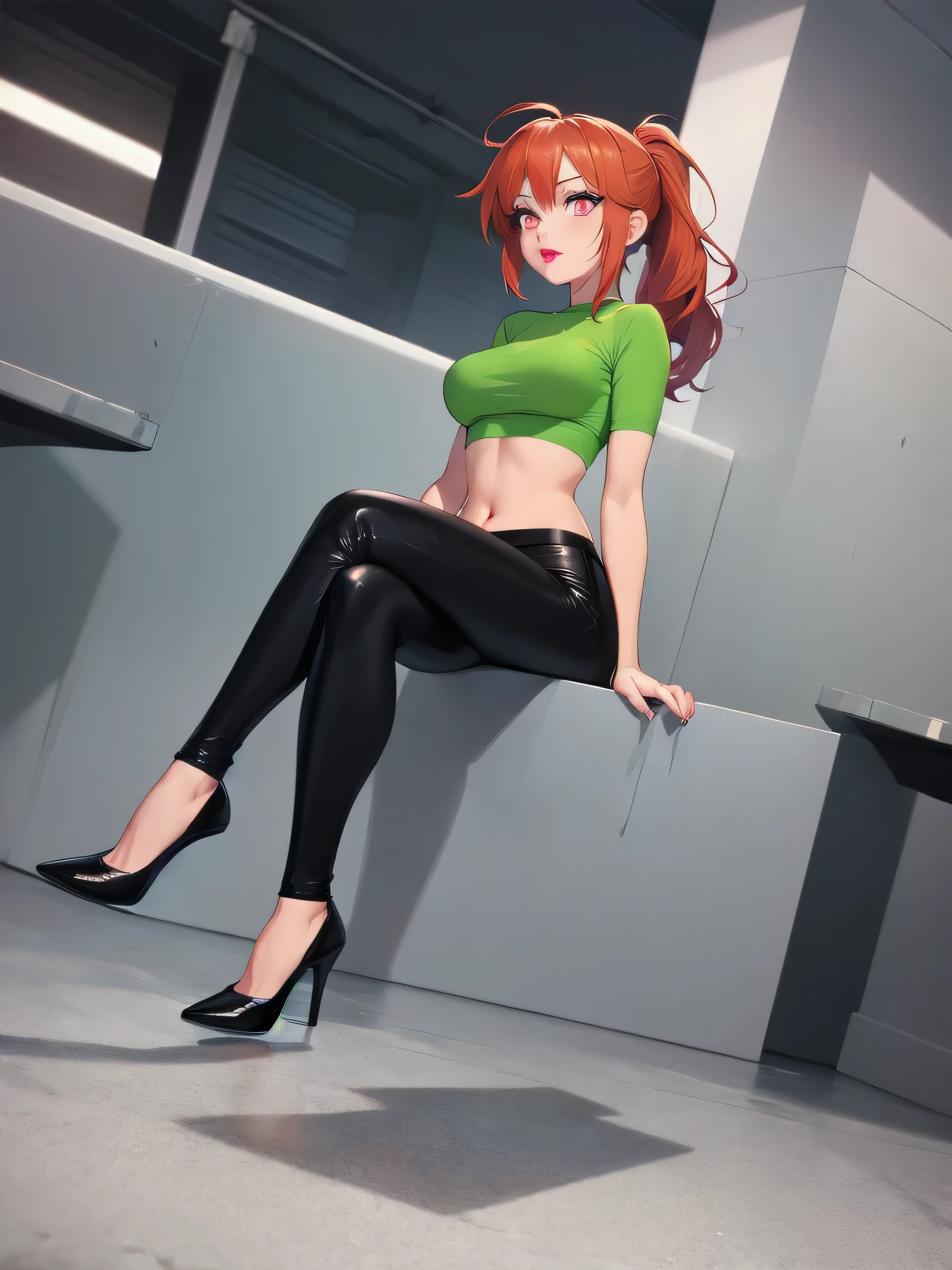  wide hips, thighs, Vicky, ponytail, lipstick, midriff, 1girl, green crop top, pink eyes, black pants, orange hair ,solo girl, sitting, crossing legs high heels