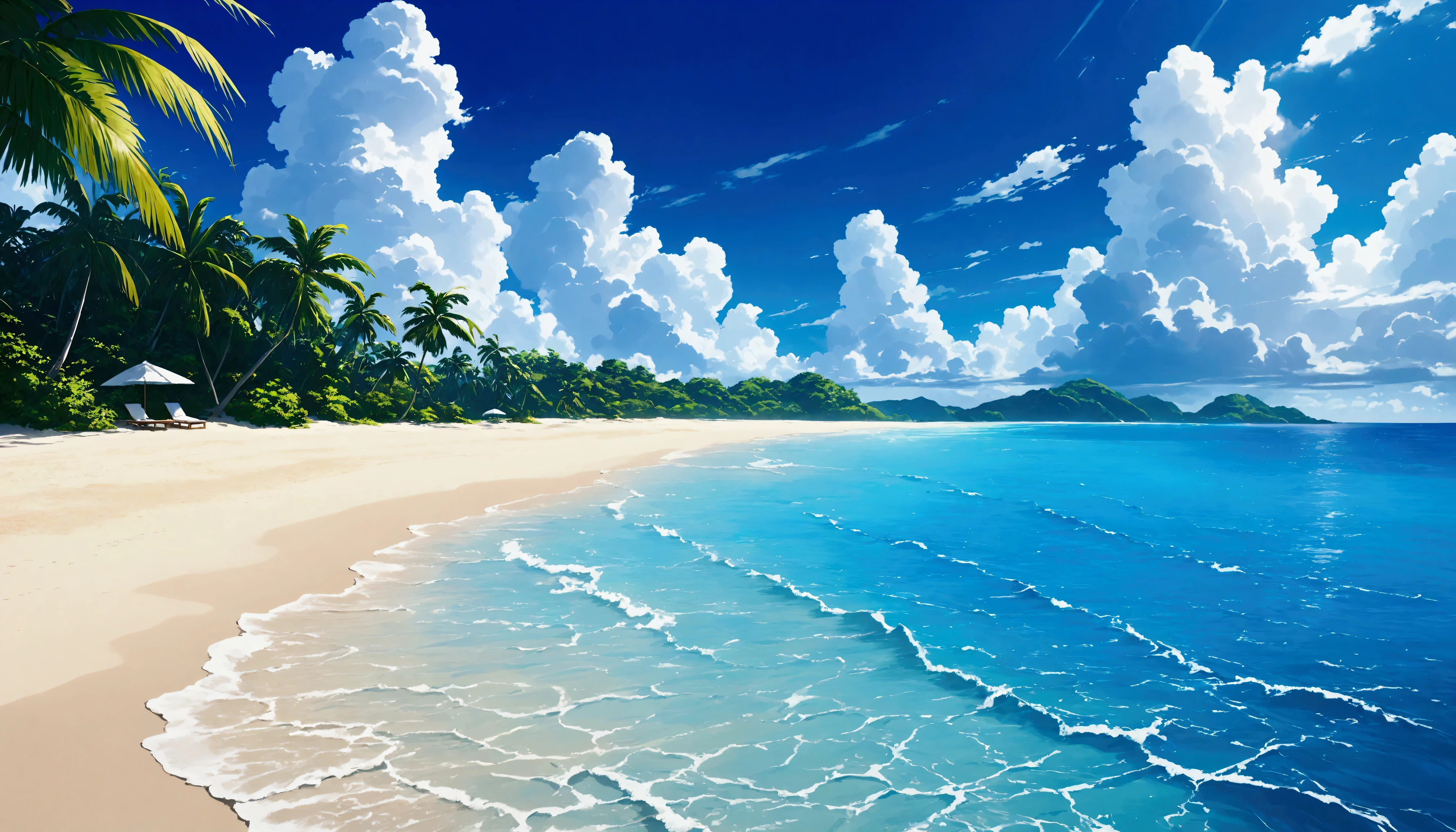 Tropical Beach,Summer Clouds,Daytime,Highest quality, 8k, High resolution, masterpiece:1.2, Very detailed, Realistic:1.37, High resolution, 超High resolution, Very detailed, Professional, Vibrant colors
