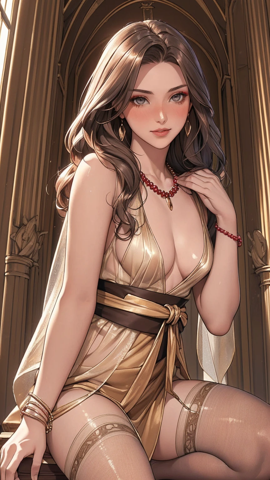 240710B. Masterpiece. A hyper realistic image of Claire. Beautiful woman. ((Perfect body)). Sexy. Slim. ((Solo)). ((Ur, Sumer (3000 BCE). In the Opulent indoor room with carved walls and ancient artifacts. Standing confidently by an artifact, tunic shimmering slightly. Sheer bronze tunic with intricate embroidery, matching sash. Sheer bronze stockings. Hairstyle: Long wavy hair, adorned with beads. Makeup: Earthy tones, bronze blush. Beaded necklace, bronze bracelets.)). (((Open legs, squatting, squirting))). (See-through, bare pantyhose). ((Show erected small areolas thru clothes)). ((Show trimmed vulva)). ((Divine features, oval face)). Graceful presence. (Captivating and perfect grey eyes). (Silky ginger hair). Rosy tint complexion. Captivating smile with enchanting lips. Slender figure. ((Perfect hands)). Sense of style with alluring charm. Effortless elegance, sophisticated. ((High fashion image)). (((((Cowboy shot))))).