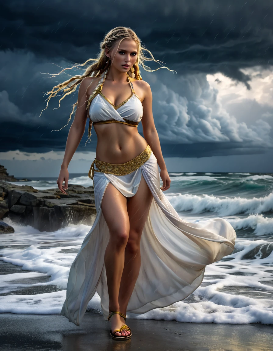 a beautiful thin busty woman with long braided blonde hair,extremely detailed face and eyes,perfect facial features,detailed revealing wet sheer bikini toga,white sheer wet toga,golden sandals,standing on a beach,stormy dark clouds,cinematic dramatic lighting,detailed ocean waves,rocky coastline,photorealistic,high quality,intricate details,vibrant colors,dramatic lighting