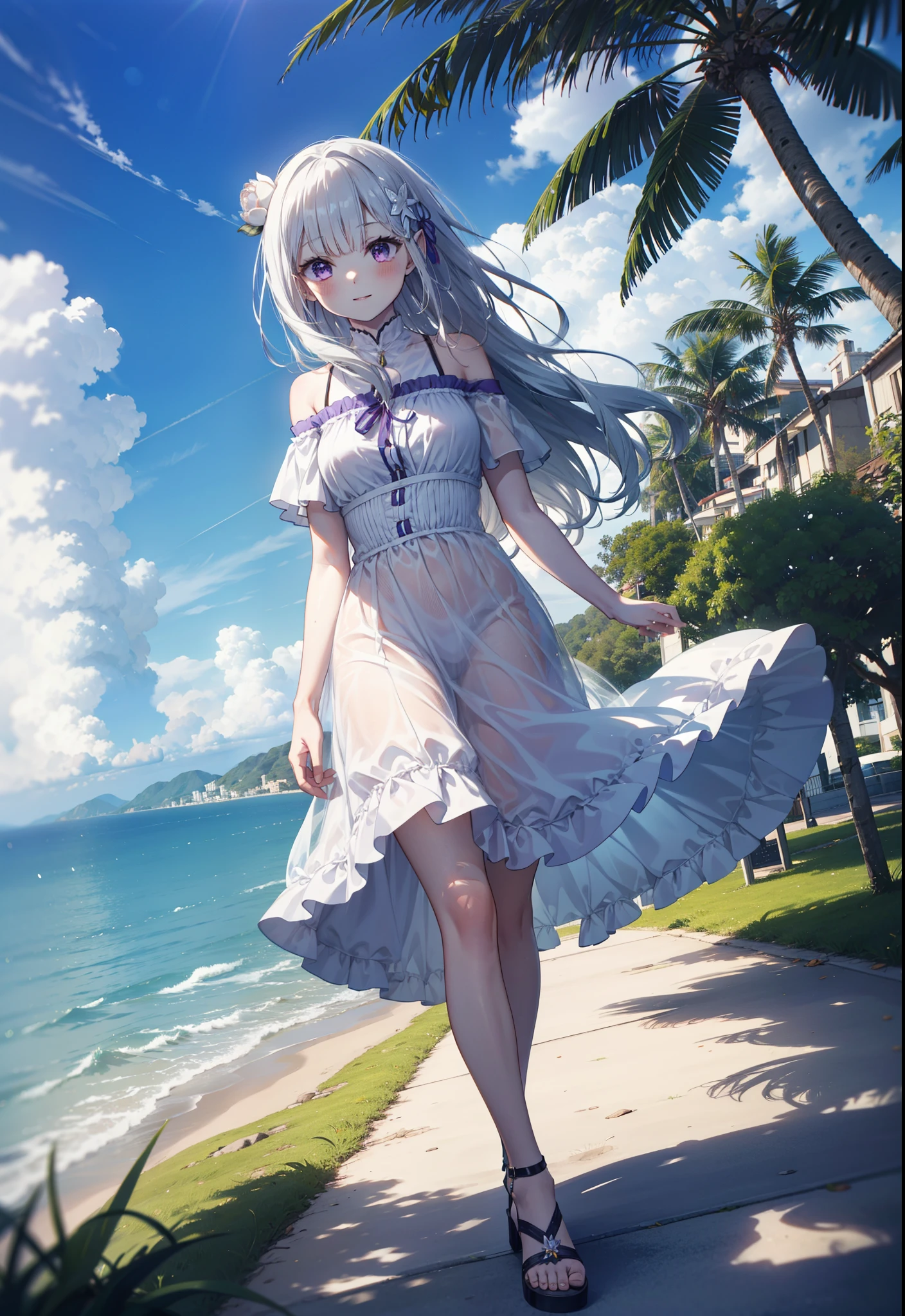 rezeroEmilia, Emilia, Braiding, crown Braiding, flower, hair flower, hair ornaments, Hair Ribbon, Long Hair, low-tied Long Hair, (Purple eyes:1.2), Pointed Ears, white flower, x hair ornaments, Open your mouth,smile,blush,Off-the-shoulder dress,Short sleeve,Long skirt,Heeled Sandals,Walking,Daytime,Clear skies,True Summer,Palm tree,whole bodyがイラストに入るように,
break outdoors, tropical,In town,Coastal Road,
break looking at viewer, whole body,
break (masterpiece:1.2), Highest quality, High resolution, unity 8k wallpaper, (figure:0.8), (Beautiful attention to detail:1.6), Highly detailed face, Perfect lighting, Highly detailed CG, (Perfect hands, Perfect Anatomy),