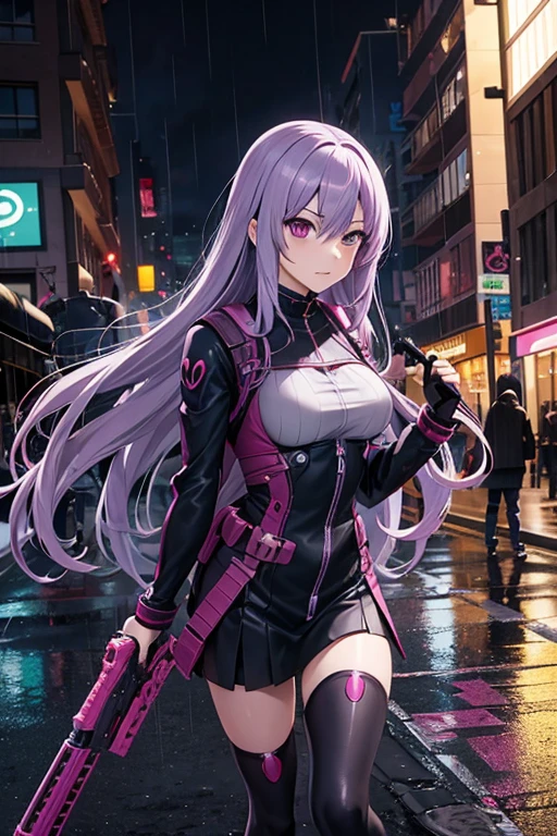 Adult Anime Girl 2d Long Hair Loose light Purple-Grayish, Age Adulthood adult, with lady Deadpool cosplay flaying with style while shooting her guns with a evil expression in a middle of the street with caos, smoke and rain, she is flying 