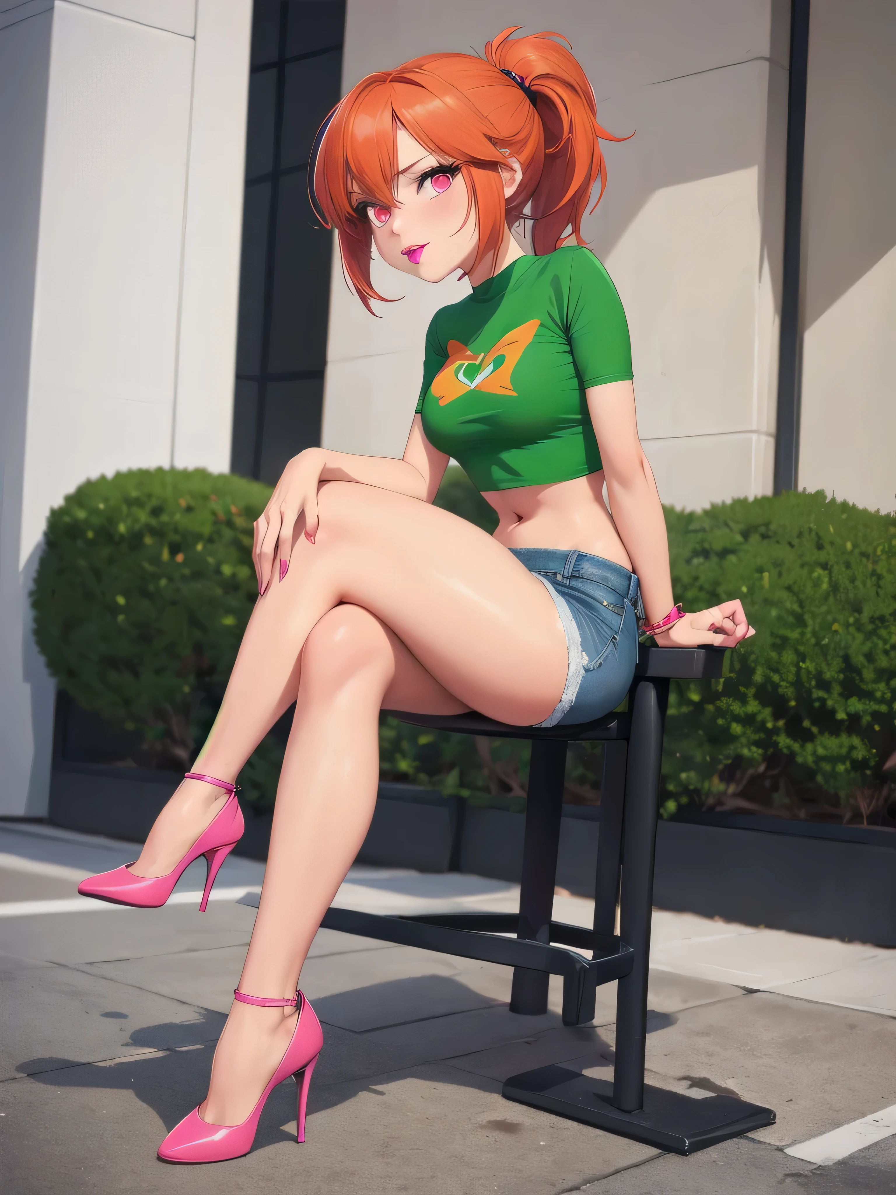  wide hips, thighs, Vicky, ponytail, lipstick, midriff, 1girl, green crop top, pink eyes, micro short denim, orange hair ,solo girl, sitting, crossing legs high heels