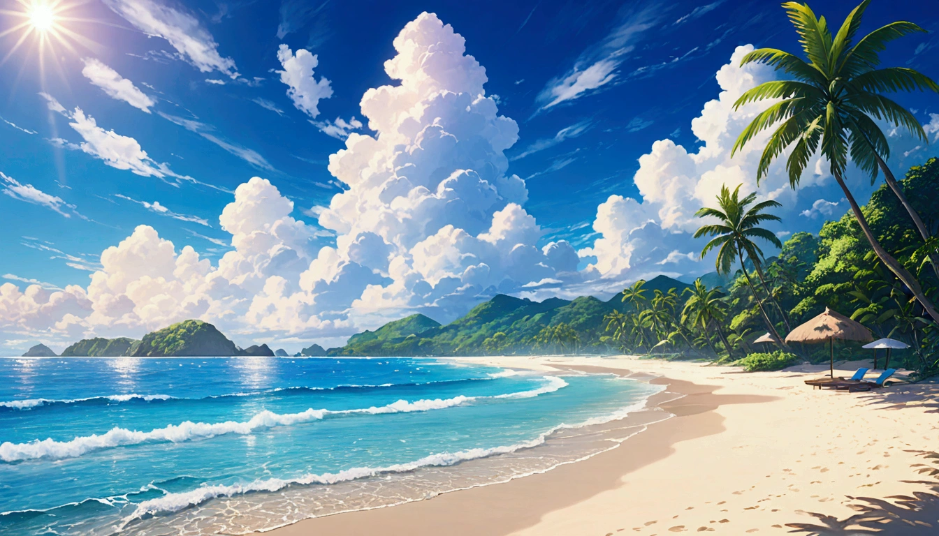 Tropical Beach,Summer Clouds,Daytime,Highest quality, 8k, High resolution, masterpiece:1.2, Very detailed, Realistic:1.37, High resolution, 超High resolution, Very detailed, Professional, Vibrant colors