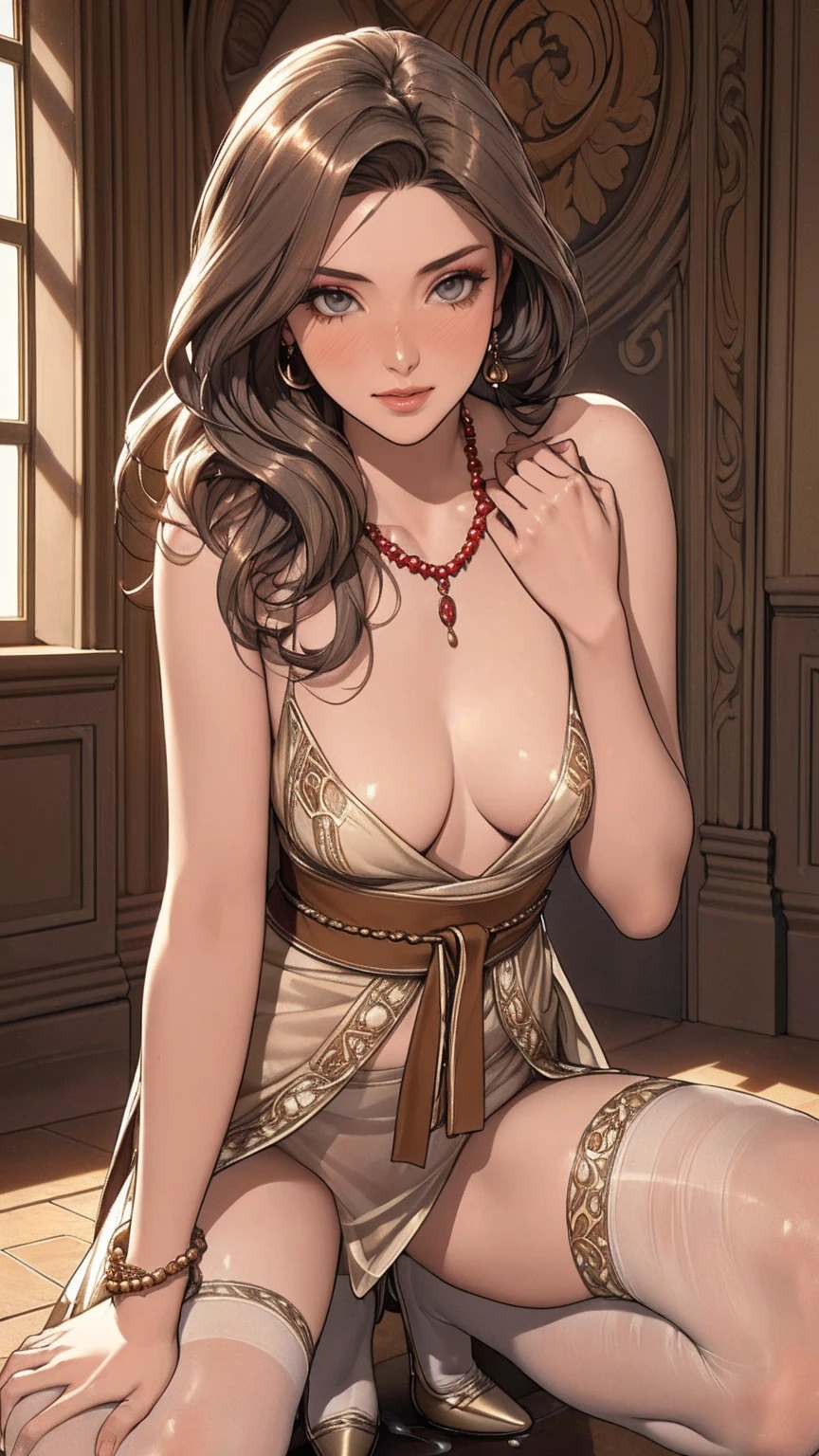 240710B. Masterpiece. A hyper realistic image of Claire. Beautiful woman. ((Perfect body)). Sexy. Slim. ((Solo)). ((Ur, Sumer (3000 BCE). In the Opulent indoor room with carved walls and ancient artifacts. Standing confidently by an artifact, tunic shimmering slightly. Sheer bronze tunic with intricate embroidery, matching sash. Sheer bronze stockings. Hairstyle: Long wavy hair, adorned with beads. Makeup: Earthy tones, bronze blush. Beaded necklace, bronze bracelets.)). (((((Open legs, squatting, squirting))))). (See-through, bare pantyhose). ((Show erected small areolas thru clothes)). ((Show trimmed vulva)). ((Divine features, oval face)). Graceful presence. (Captivating and perfect grey eyes). (Silky ginger hair). Rosy tint complexion. Captivating smile with enchanting lips. Slender figure. ((Perfect hands)). Sense of style with alluring charm. Effortless elegance, sophisticated. ((High fashion image)). (((((Cowboy shot))))).