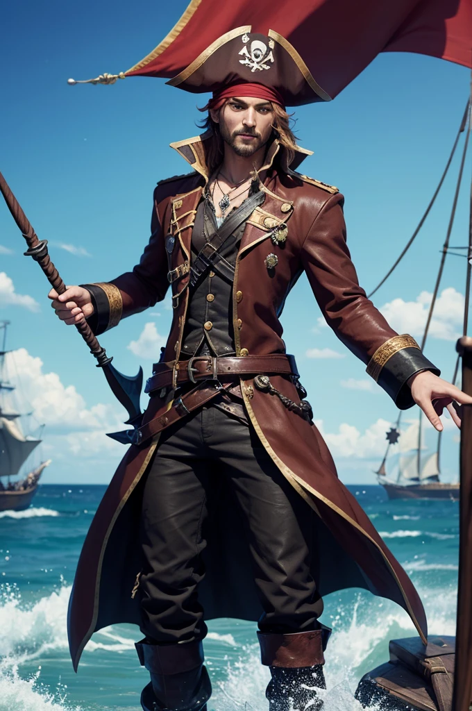A character in a game who has a pirate outfit who has a trident and heals his crew 