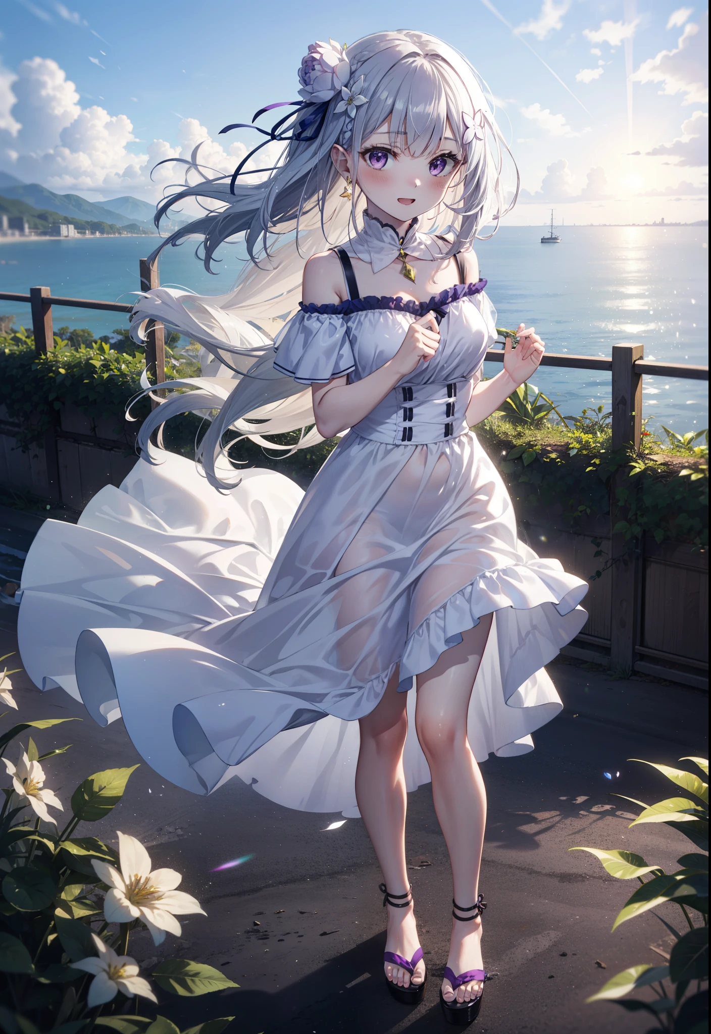 rezeroEmilia, Emilia, Braiding, crown Braiding, flower, hair flower, hair ornaments, Hair Ribbon, Long Hair, low-tied Long Hair, (Purple eyes:1.2), Pointed Ears, white flower, x hair ornaments, Open your mouth,smile,blush,Off-the-shoulder dress,Short sleeve,Long skirt,Heeled Sandals,Walking,Daytime,Clear skies,True Summer,Palm tree,whole bodyがイラストに入るように,
break outdoors, tropical,In town,Coastal Road,
break looking at viewer, whole body,
break (masterpiece:1.2), Highest quality, High resolution, unity 8k wallpaper, (figure:0.8), (Beautiful attention to detail:1.6), Highly detailed face, Perfect lighting, Highly detailed CG, (Perfect hands, Perfect Anatomy),