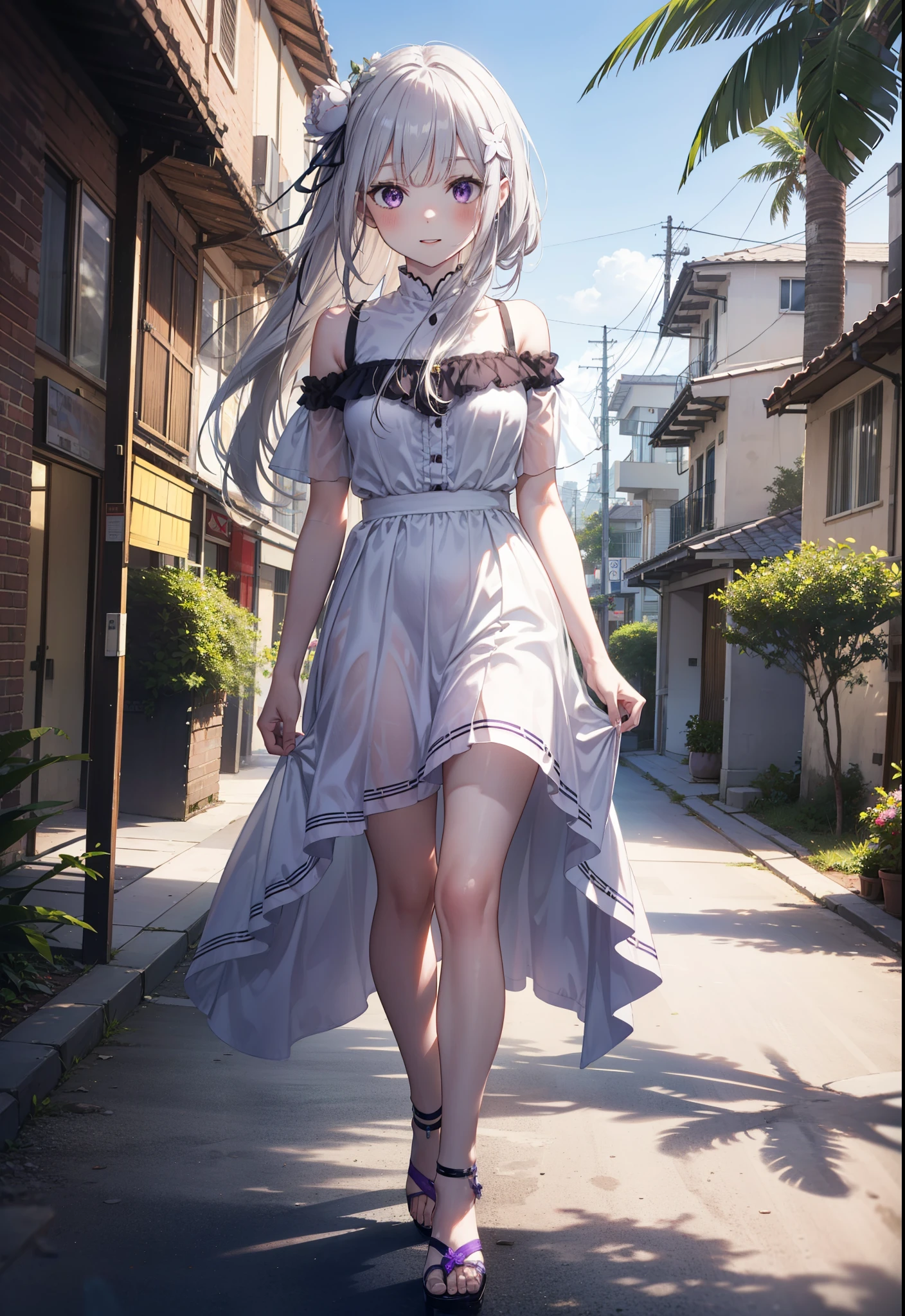 rezeroEmilia, Emilia, Braiding, crown Braiding, flower, hair flower, hair ornaments, Hair Ribbon, Long Hair, low-tied Long Hair, (Purple eyes:1.2), Pointed Ears, white flower, x hair ornaments, Open your mouth,smile,blush,Off-the-shoulder dress,Short sleeve,Long skirt,Heeled Sandals,Walking,Daytime,Clear skies,True Summer,Palm tree,whole bodyがイラストに入るように,
break outdoors, tropical,In town,Coastal Road,
break looking at viewer, whole body,
break (masterpiece:1.2), Highest quality, High resolution, unity 8k wallpaper, (figure:0.8), (Beautiful attention to detail:1.6), Highly detailed face, Perfect lighting, Highly detailed CG, (Perfect hands, Perfect Anatomy),