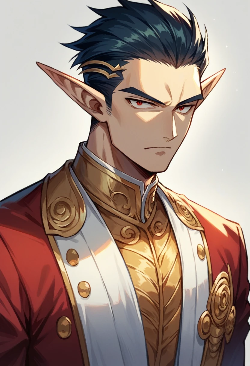 masterpiece, best quality, man, beautiful, black slicked hair, red left eye, complete black right eye, black tatoo in right eye. psycopath, assassination semi-god, elf, fancy black and gold clothes