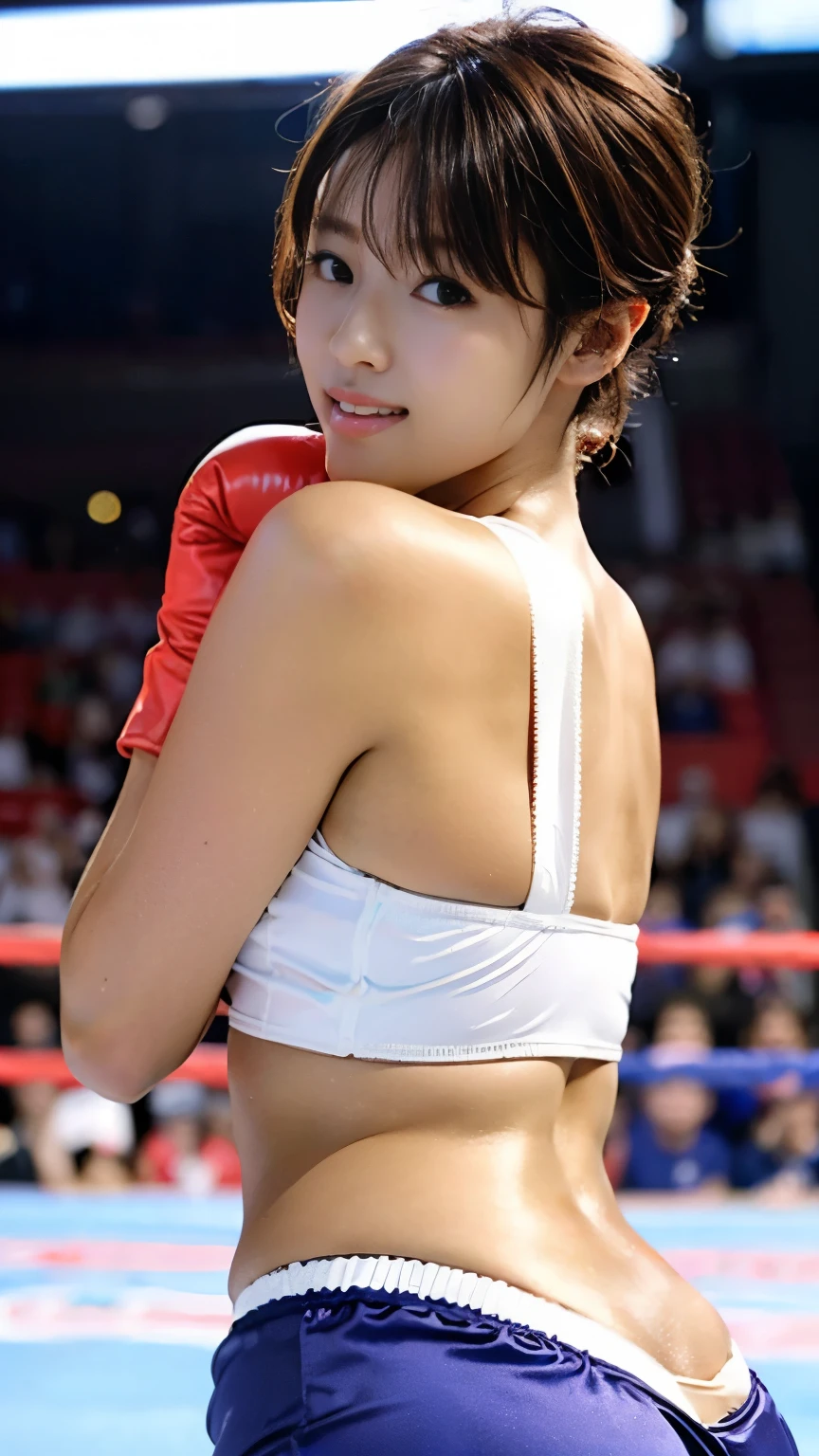 (((Best female boxer))),(((Perfect Anatomy))),(((Big boxing ring arena full of spectators,A beautiful boxer with a great physique stands by the ropes wearing 16 ounce red boxing gloves))),(((Beautiful sparkly tankini, Fluttering satin skirt))), White lace-up ring shoes that cover the shins, He arched his back、He protected himself by putting a boxing glove over his face.))),(((A beautiful, competitive boxer wearing a white and blue costume made of flashy glittering material defends herself by placing both gloves on her chin,Staring straight ahead with a serious expression。.))),(((Perfect Anatomy:1.6))),(((Ulsan - 6500))),(((Hasselblad produces deep depth of field for beautiful background bokeh))),Sexy waist,masterpiece,Highest quality,Ultra-high resolution,Highly detailed portrait,High nose and beautiful face,Model-like limbs,Her pale neck is dazzling,(((Her slim waist and hips are so beautiful that they are captivating to behold..))),Please tuck your chin in and look seriously,((Sexy 4K full body shot from a low angle behind)),Cute 20 year old, (((The beautiful and lustrous chestnut colored two-block asymmetrical short haircut at the nape of the neck is sexy.))),(Her proud F-cup breasts are the best),Long eyelashes and big eyes,,Transparent double eyelids,((Glossy thick lips)),(((Perfect Anatomyに基づいた四肢を描写する))),
