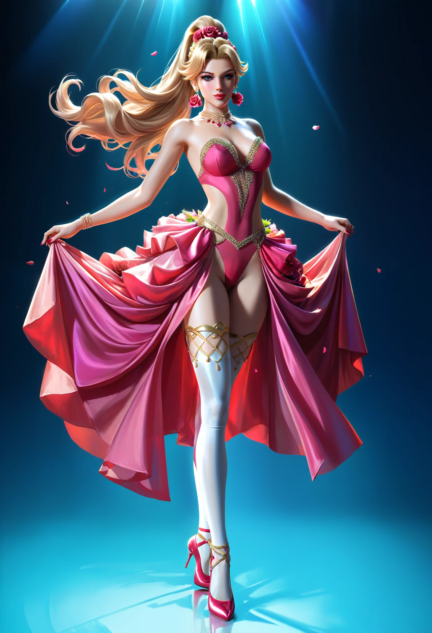 a portrait of female classical ballet prima ballerina dancer in the ((middle of blossoming rose: 1.5)), a full body picture ((anatomically correct: 1.5)) of a exquisite beautiful female dancer wearing silk evening dress, intricate dress dynamic hair color, dynamic hair style, dynamic skin complexion, wearing ballet shoes, wearing thigh highs, she is standing in the middle of a magnificent, epic rose, she stands in the middle of the flower, dynamic background,  vibrant, Ultra-high resolution, High Contrast, (masterpiece:1.5), highest quality, Best aesthetics), best details, best quality, highres, 16k, (ultra detailed: 1.5), masterpiece, best quality, (extremely detailed) RAW, (ultra details, Masterpiece, best quality), Cinematic Hollywood Film, artxldnc, 