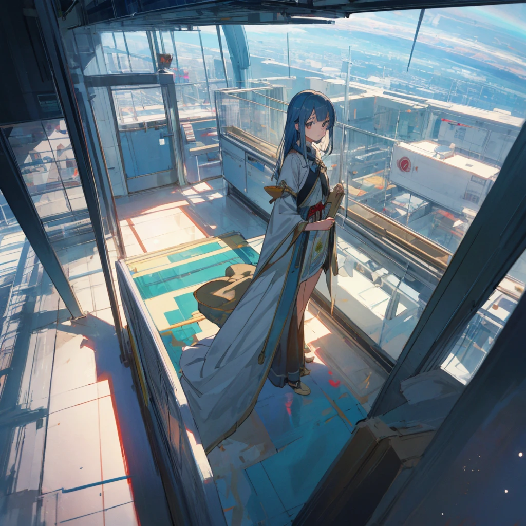 A girl around 13 years old, a little more mature, active and casually dressed, with medium-long ash blue hair and beautiful jade-colored almond eyes, about 125cm tall, in the lobby of an outer space relay spaceport, there are a moderate number of people behind her, there is a check-in counter in the far right corner, a potted plant, a planet can be seen beyond the window on the left, she is pulling a travel cart, standing to the right, facing left and looking out the window, it seems like she is looking down from a little above