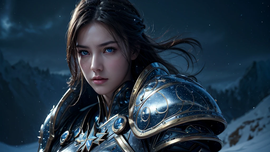 masterpiece, rest, best quality, Very detailed, Super real, 16K, high resolution, Snow Castle， ((Starry Sky)),Female Warrior，Gorgeous armor，Complex Mode，Pretty Face，Closed mouth，dramatic，Medium shot，Glowing eyes，Large Breasts