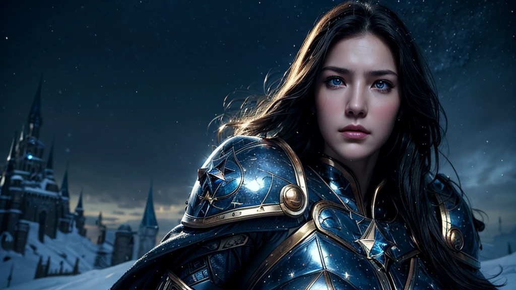 masterpiece, rest, best quality, Very detailed, Super real, 16K, high resolution, Snow Castle， ((Starry Sky)),Female Warrior，Gorgeous armor，Complex Mode，Pretty Face，Closed mouth，dramatic，Medium shot，Glowing eyes，Large Breasts