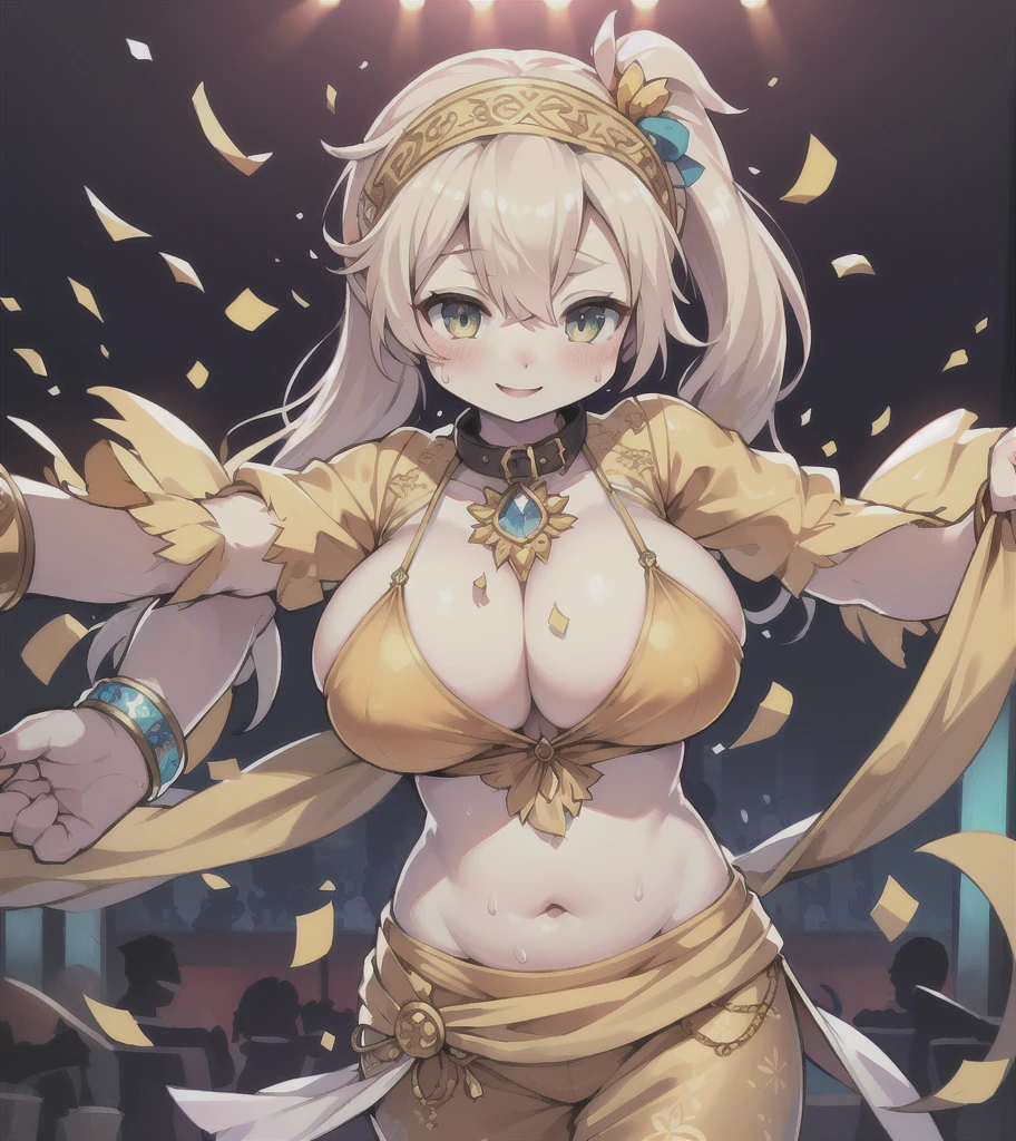 Highest quality, 8k, (One Girl:1.3, Full body portrait),(((Big Breasts:1.1))), (Colorful illustration:1.4), (masterpiece, Highest quality, Official Art), ((Very delicate and beautiful)), ((Gorgeous dancing girl costume、Gold embroidery, Face Veil, See-through harem pants)), ((Smiling dancing girl)), ((Spotlight, Confetti)), (((Fantasy World, Male crowd in the background:1.3, Watching the dancers))), (Sweat flying), (Sexy and dynamic dance), Tavern, (Shining jewels on the waist and chest, bracelet, Decorative collar), ((Twin tails))