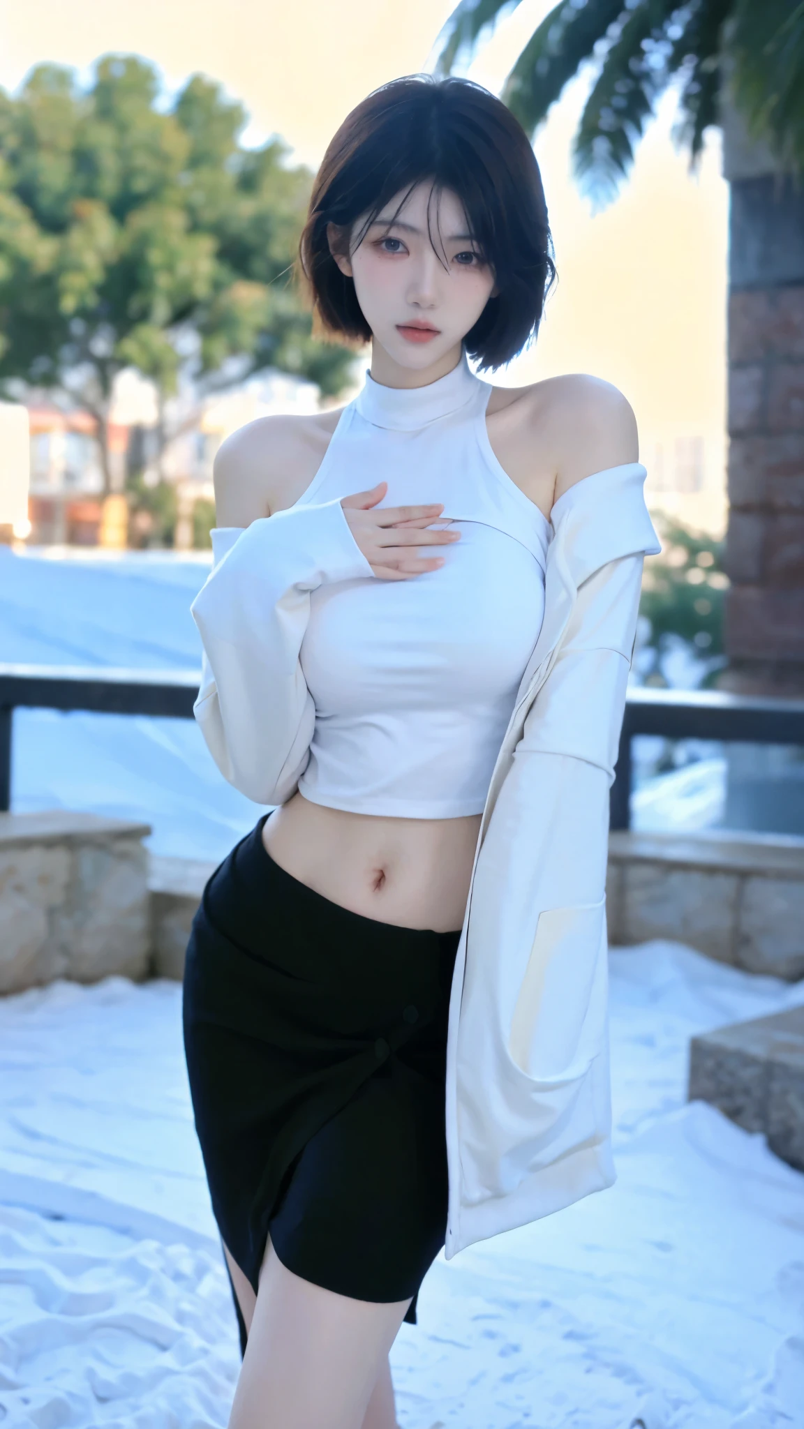 Beautiful woman with perfect figure:1.4,snow,Touching butt with both hands,snow背景,Layered Hairstyle,White skin,Prominent cleavage,Pleated Skirt,whole body,Very delicate face and skin texture,Double eyelids,Skin Whitening,Long white hair