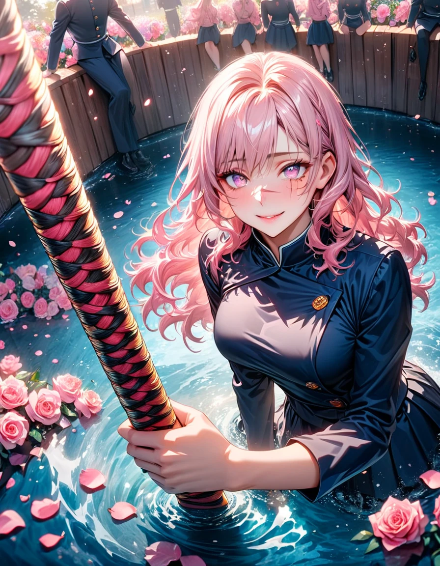 absurdities, High resolution, ultra detailed, HdR, masterpiece, Best Quality, , Pink sparkle hair, expressive light pink eyes, Jujutsu Kaisen, skirt uniform , alone,women atractiva, elegant, jujutsu uniform, fancy, bright, Water, pink flowers, pink flowers, Rose petals, estilo Best Quality 0.8,beautiful whitte hair and pink. Long hair(Wavy) Young woman with detailed ojos rosados (light pink eyes) boring and sad detailed. raised eyes warm face, his face has a scar on his eye. foreground. katana. smile,happy. (alone) (in a training camp) (wooden katana) (sunny day) smiling kindly. foreground (detailed face) (women) (famale) greeting someone with a smile, scar on the nose, blue gradient eyes, mole in the eye.
