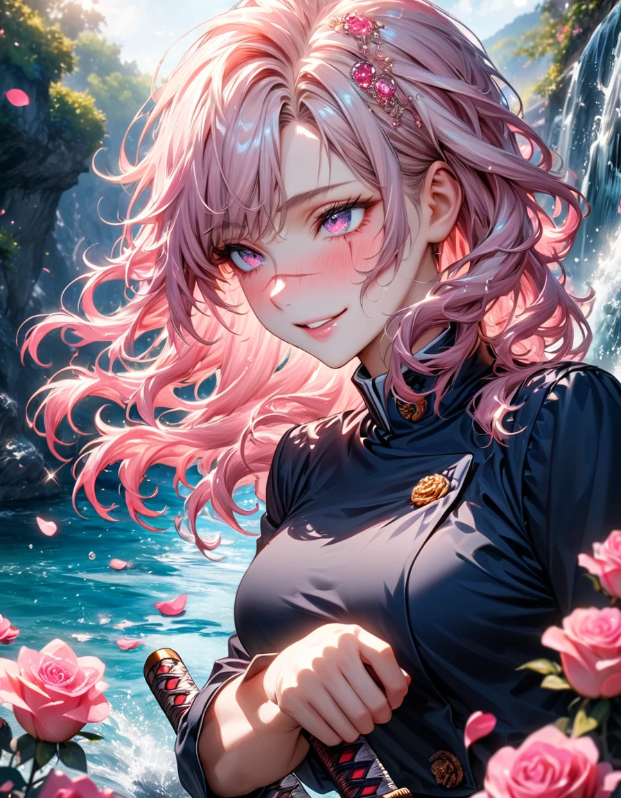 absurdities, High resolution, ultra detailed, HdR, masterpiece, Best Quality, , Pink sparkle hair, expressive light pink eyes, Jujutsu Kaisen, skirt uniform , alone,women atractiva, elegant, jujutsu uniform, fancy, bright, Water, pink flowers, pink flowers, Rose petals, estilo Best Quality 0.8,beautiful whitte hair and pink. Long hair(Wavy) Young woman with detailed ojos rosados (light pink eyes) boring and sad detailed. raised eyes warm face, his face has a scar on his eye. foreground. katana. smile,happy. (alone) (in a training camp) (wooden katana) (sunny day) smiling kindly. foreground (detailed face) (women) (famale) greeting someone with a smile, scar on the nose, blue gradient eyes, mole in the eye.