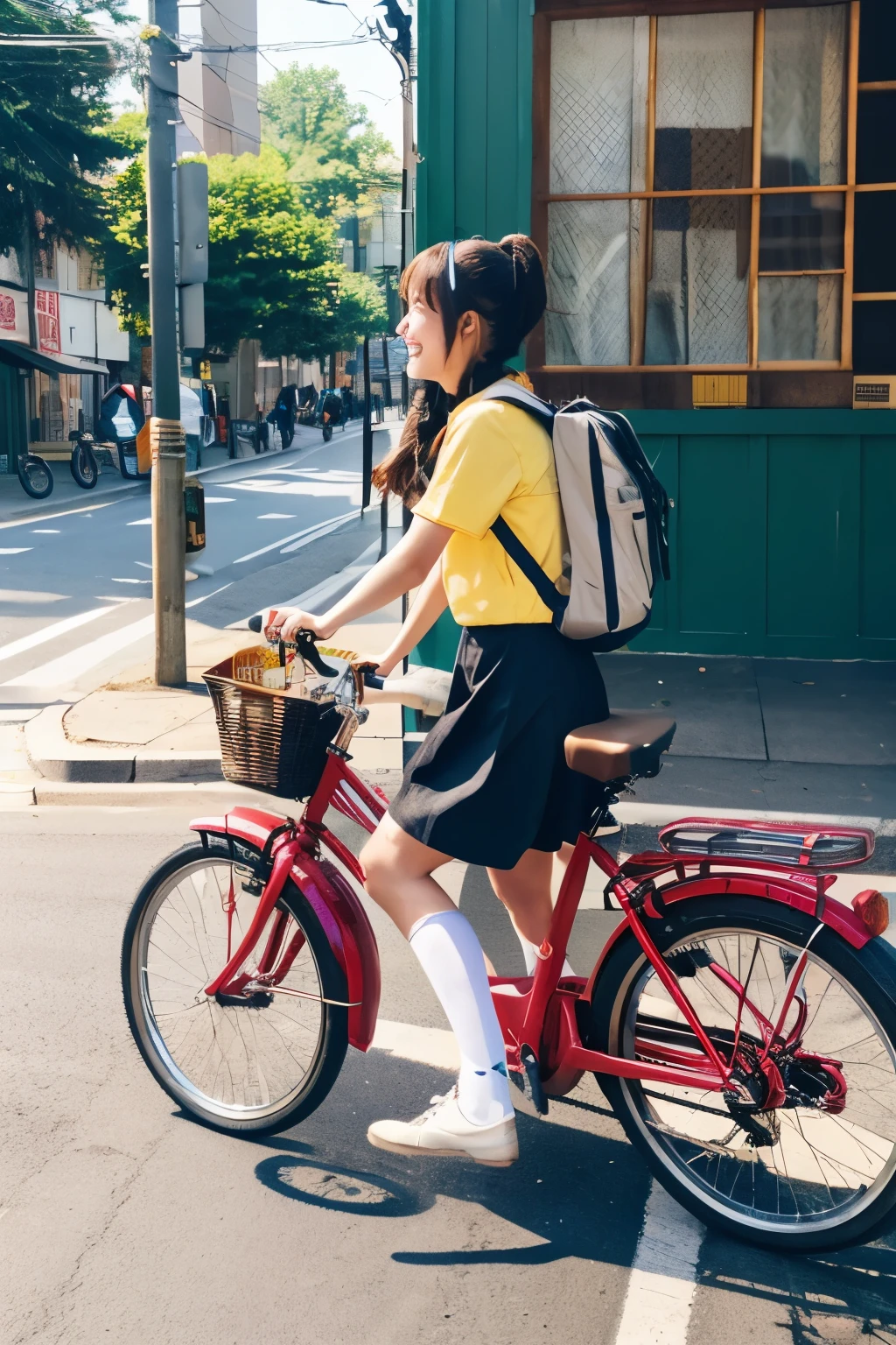 Food Delivery、bike、high school girl、uniform、skirt、Around town、Sprint