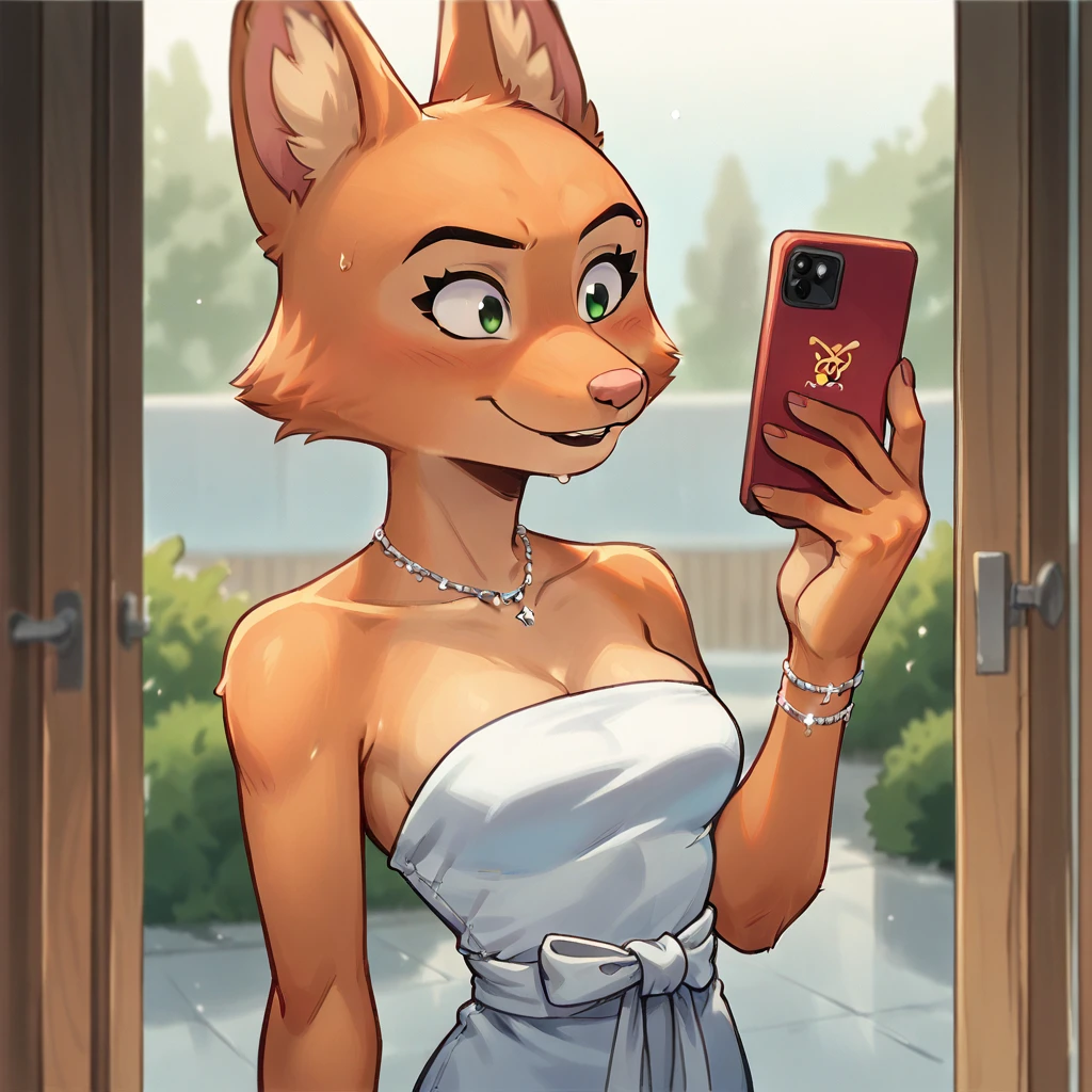 score_9_presence, score_8_up, Diane Foxi gton, wrapped in towel, medium breasts, holding phone