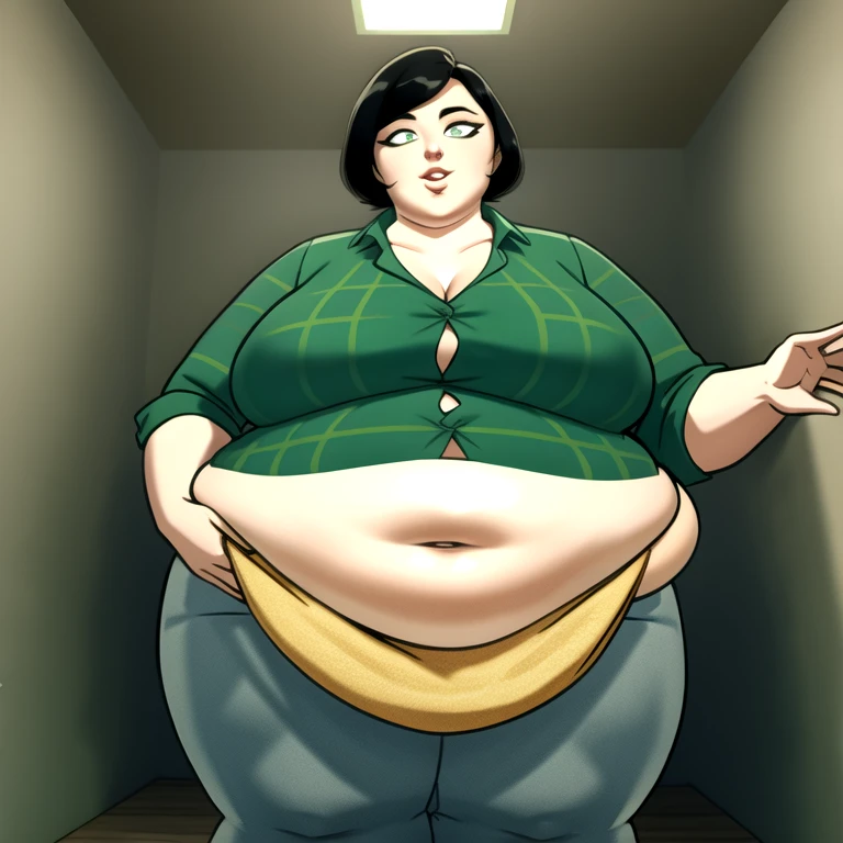 1 fat girl, body plus,(SSBBW), standing,curie,medium breasts,black hair, green eyes, short hair,red flannel shirt, buttoned up, jeans, grey undershirt,in abandoned basement,indoors,underground,happy, ((masterpiece), best quality, high quality, professional quality, highly detailed, highres, perfect lighting, natural lighting)