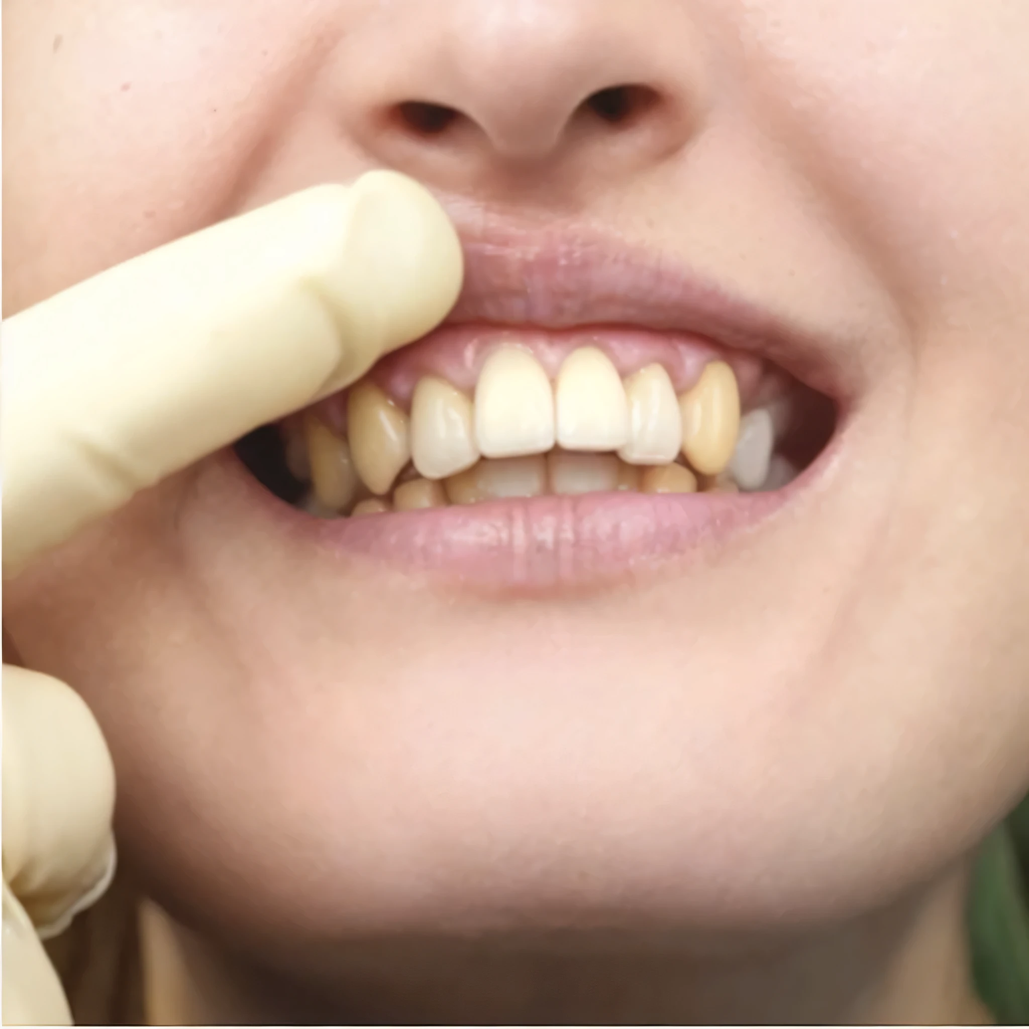 show yellow teeth, change colour of finger in glove,