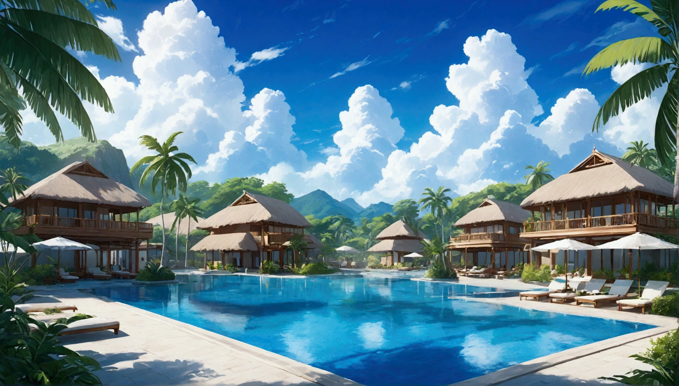 Tropical resort,Pool,Summer Clouds,Daytime,Highest quality, 8k, High resolution, masterpiece:1.2, Very detailed, Realistic:1.37, High resolution, 超High resolution, Very detailed, Professional, Vibrant colors