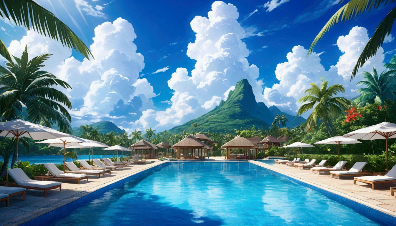Tropical resort,Pool,Summer Clouds,Daytime,Highest quality, 8k, High resolution, masterpiece:1.2, Very detailed, Realistic:1.37, High resolution, 超High resolution, Very detailed, Professional, Vibrant colors