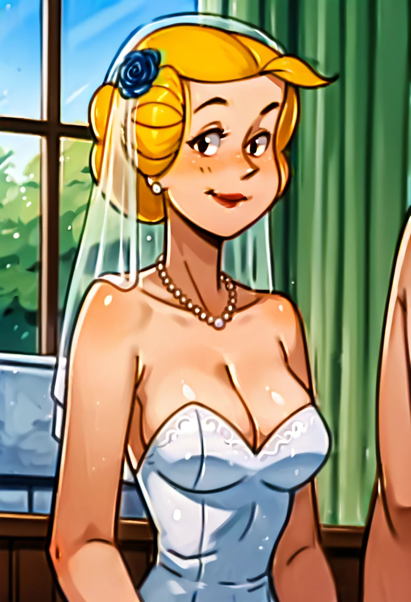 score_9, score_8_up, score_7_up, alice mitchell, wedding dress, looking at viewer, smile