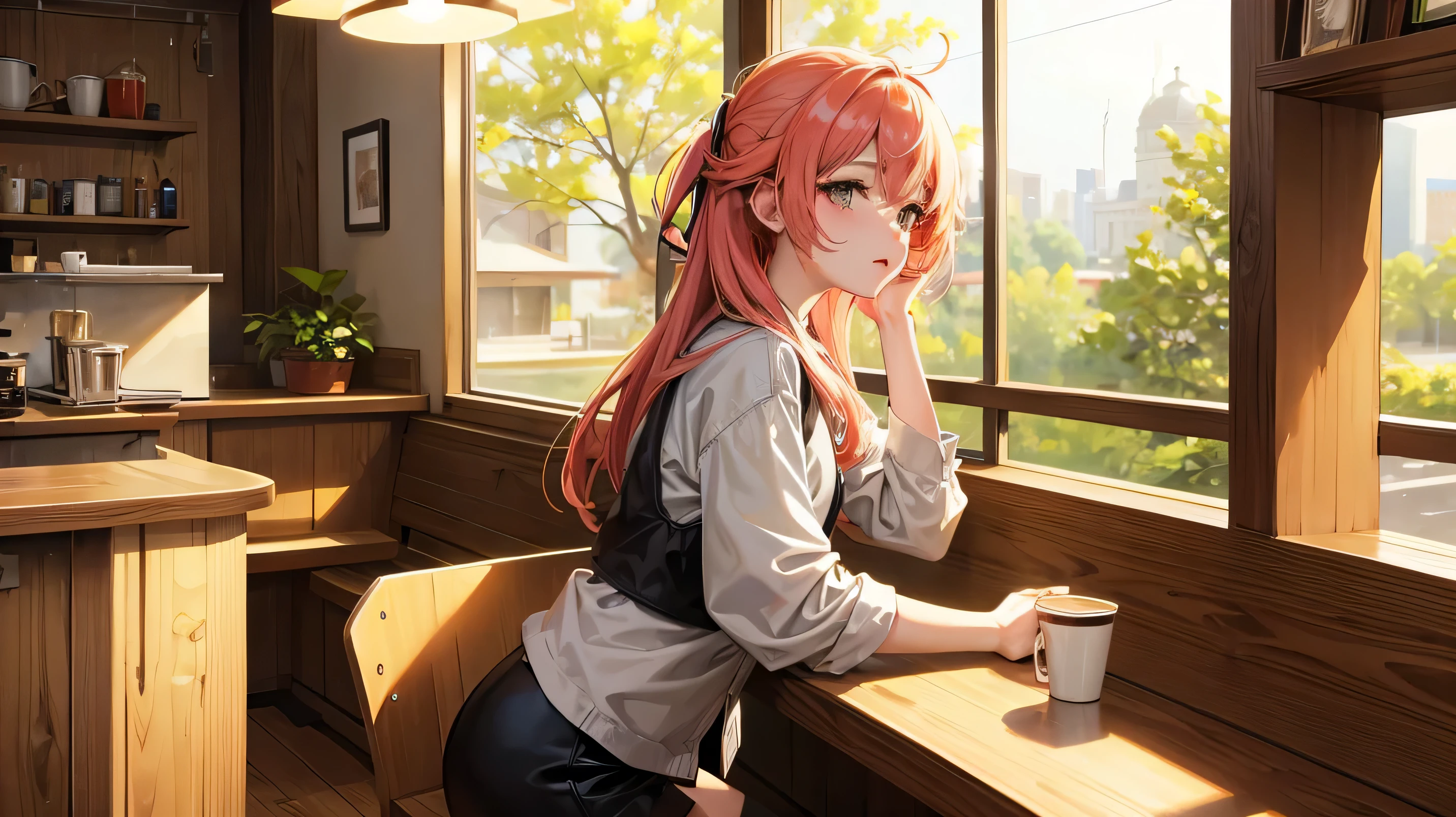 Girl listens to making coffee in a coffee shop,2D anime style, The morning air was clear. ,Warm atmosphere,