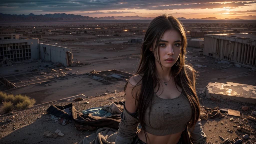 ((masterpiece, best quality, Highest image quality, high resolution, Reality, RAW photos, 8K)), Future city ruins，The post-nuclear world，desert，Beautiful girl，Broken clothes，Pretty face，dirty，Closed mouth，dramatic，Mid-range portrait，dusk