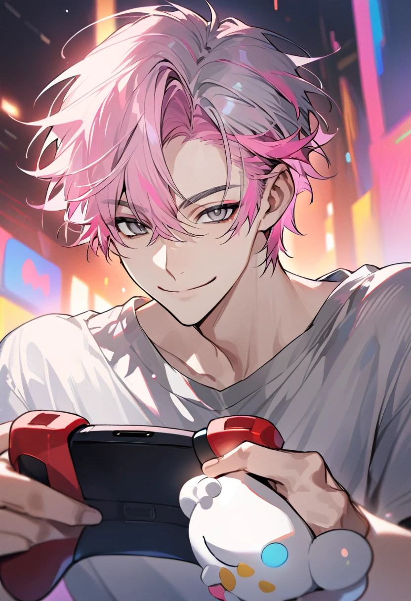 Handsome, solo, 1 male, super short hair, pink hair, smile facial, (shirt), (((sharp grey eyes))), ((smile)), (((closed mouth))), ((((holding game pad))))