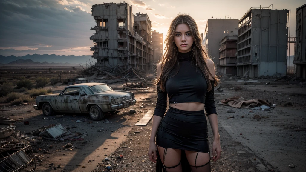 ((masterpiece, best quality, Highest image quality, high resolution, Reality, RAW photos, 8K)), Future city ruins,The post-nuclear world,desert,Beautiful girl,Broken clothes,Pretty face,dirty,Closed mouth,dramatic,Mid-range portrait,dusk