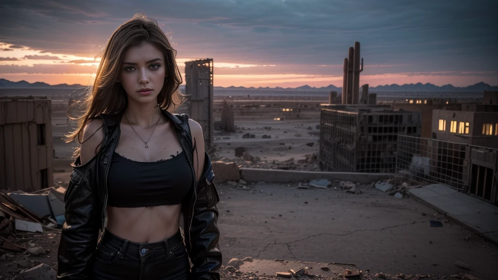 ((masterpiece, best quality, Highest image quality, high resolution, Reality, RAW photos, 8K)), Future city ruins,The post-nuclear world,desert,Beautiful girl,Broken clothes,Pretty face,dirty,Closed mouth,dramatic,Mid-range portrait,dusk