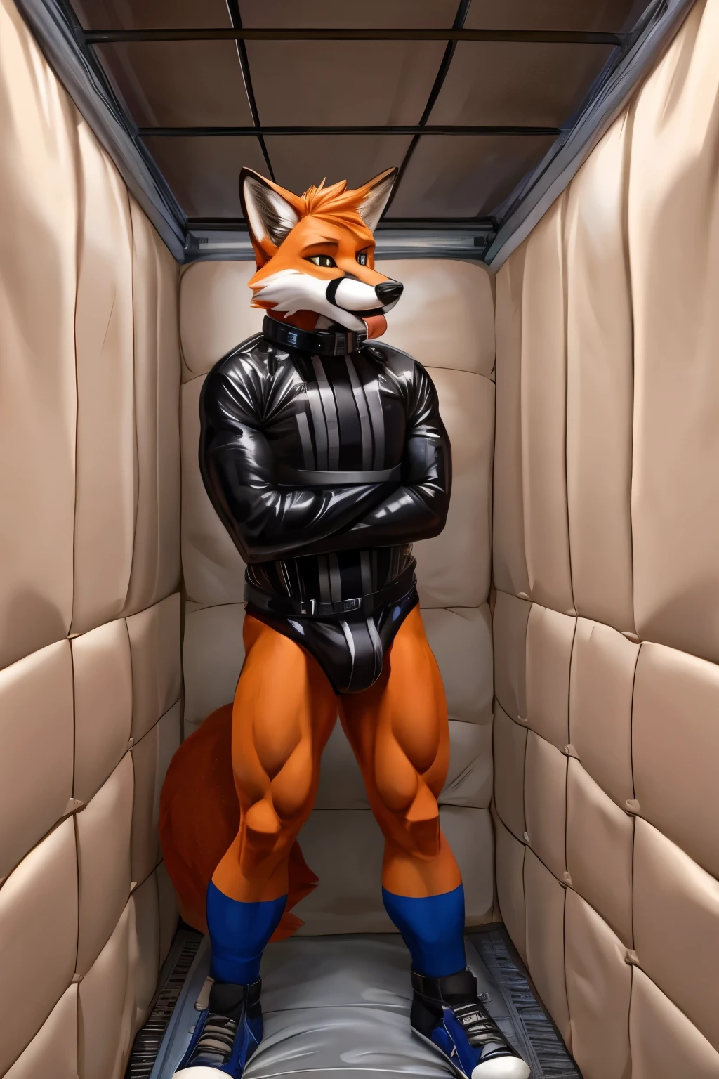 A muscular fox in a straitjacket and a muzzle in his mouth, in a padded room 