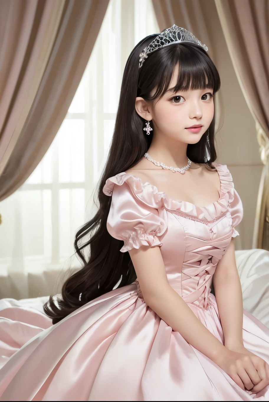 highest quality, masterpiece, highest resolution, artwork, super それにget used to it, many get used to it, get used to it, それにget used to it, 3k realistic pictures,,((12 year old little girl)),Ultra-detailed juvenile face,ultra-detailed beautiful little girls,girls are princess,full length ball gown dress with hoop skirt,ruffled yoke collar,puff sleeves,midium sleeve,((Lolita style light pink detailed princess satin dress with lots of ruffles and ribbons)),Rococo style lolita fashion,shiny satin dress,Soft and smooth fabric,detailed princess dress,luxury,long black hair,dark eyes,white skin Japanese,Pajama,((in the bedroom of the palace)),luxury princess ,shiny satin sheets,ultra-detailed princess bed,High-quality background,lot of frilled pillows,on the bed,
