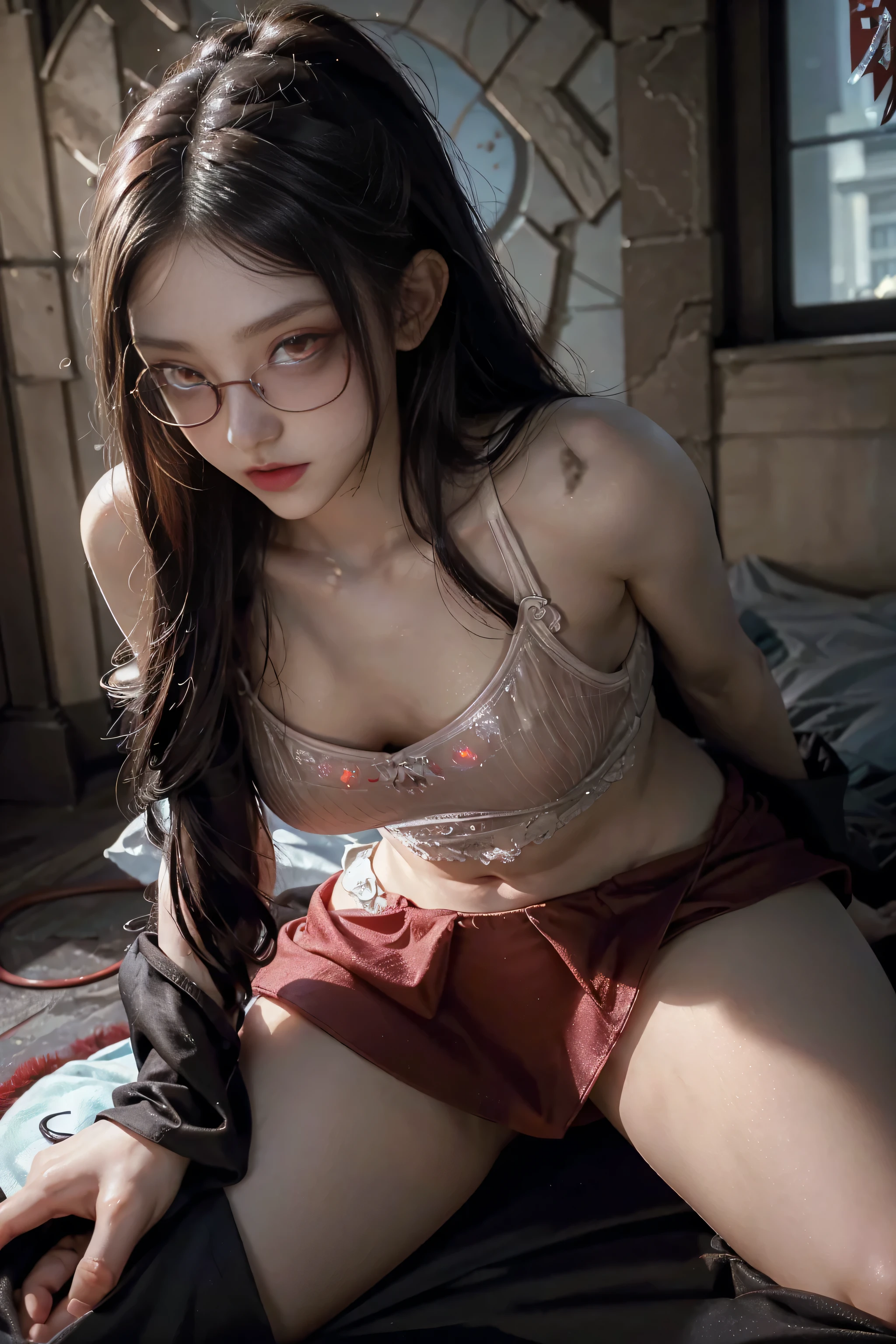 (The best illustrations)、realisitic、ultra-detailliert、The best lighting、Best Shadows、alluring succubus, ethereal beauty, perched on a cloud, (fantasy illustration:1.3), enchanting gaze, captivating pose, delicate wings, otherworldly charm, mystical sky, (Luis Royo:1.2), (Yoshitaka Amano:1.1), Dungeon and Dragon、caves、Dungeon、 A Necromancer、natta、Dark style、Succubus、Devil's Daughter、Bat Wings,(((Demon Hornlack-rimmed round glasses))))、(red eyes glowing:1.6)、beautiful countenance、Tindall Effect、(High Detail Skins:1.2) absurderes、Ponytail distortion、jewely、Beautiful expression、Toned waist、Wide buttocks、Tindall Effectmasuter piece、top-quality、Highest Standards、Top image quality、masutepiece、intricate detailes、High resolution、Depth Field、natural soft light、profetional lighting、Great smile、(High Detail Skin: 1.2)、photorealistic anime girl render、Strong highlights of the eyes、Perfect Anatomy、crotch open、Shy、Spreading your legs、Panties are visible、Skirt flipping、Body shiny with oilerectile nipple))、8K resolution、intricate clothing、Intricate details, Sexy girl on white bed,Charming eyes,Heartwarming action,Open legs,Transparent silk pajamas ,barechested,Thick long hair,Highly detailed body,Highly detailed face